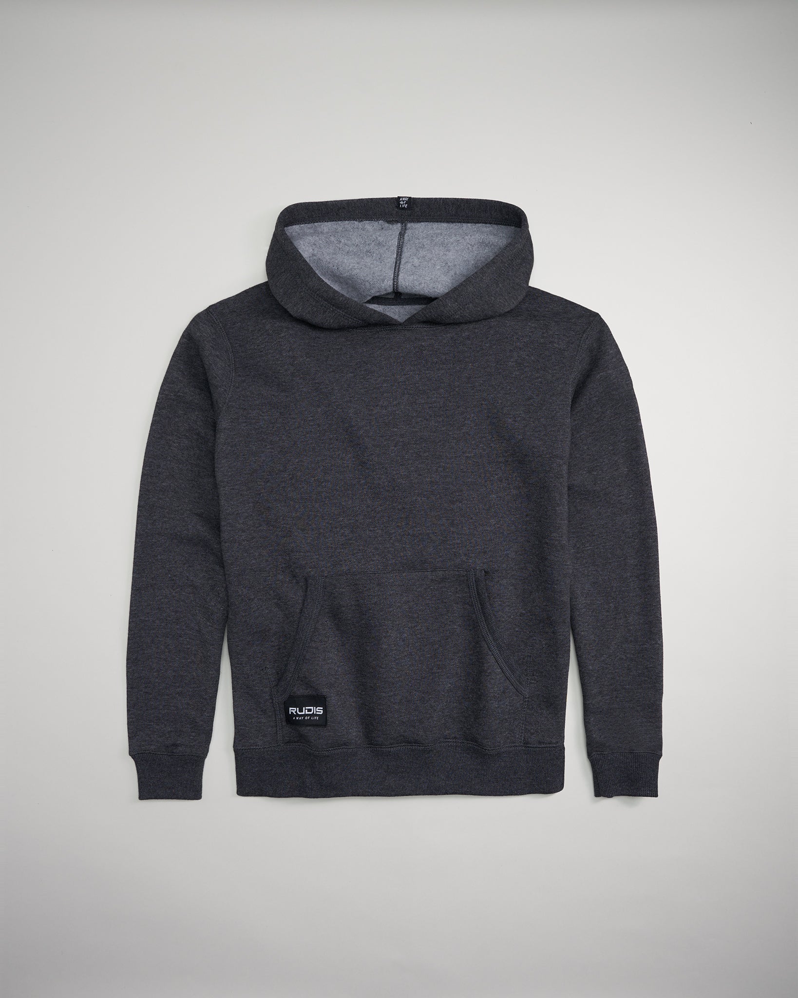 A dark gray hoodie features a modern design with a front pocket and a logo patch perfect for casual wear