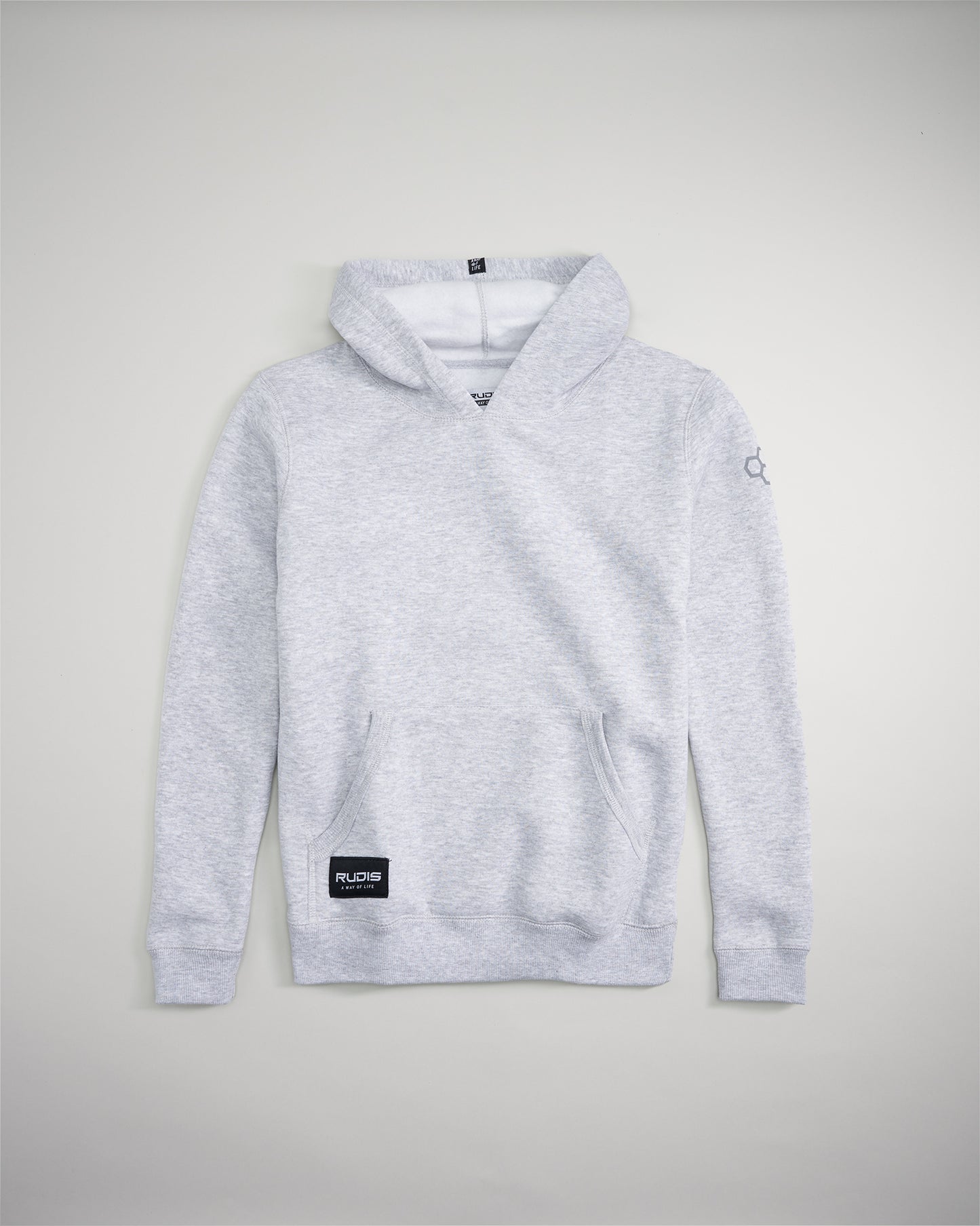 A light gray hooded sweatshirt featuring a front pocket and a small logo on the sleeve designed for comfort and casual wear