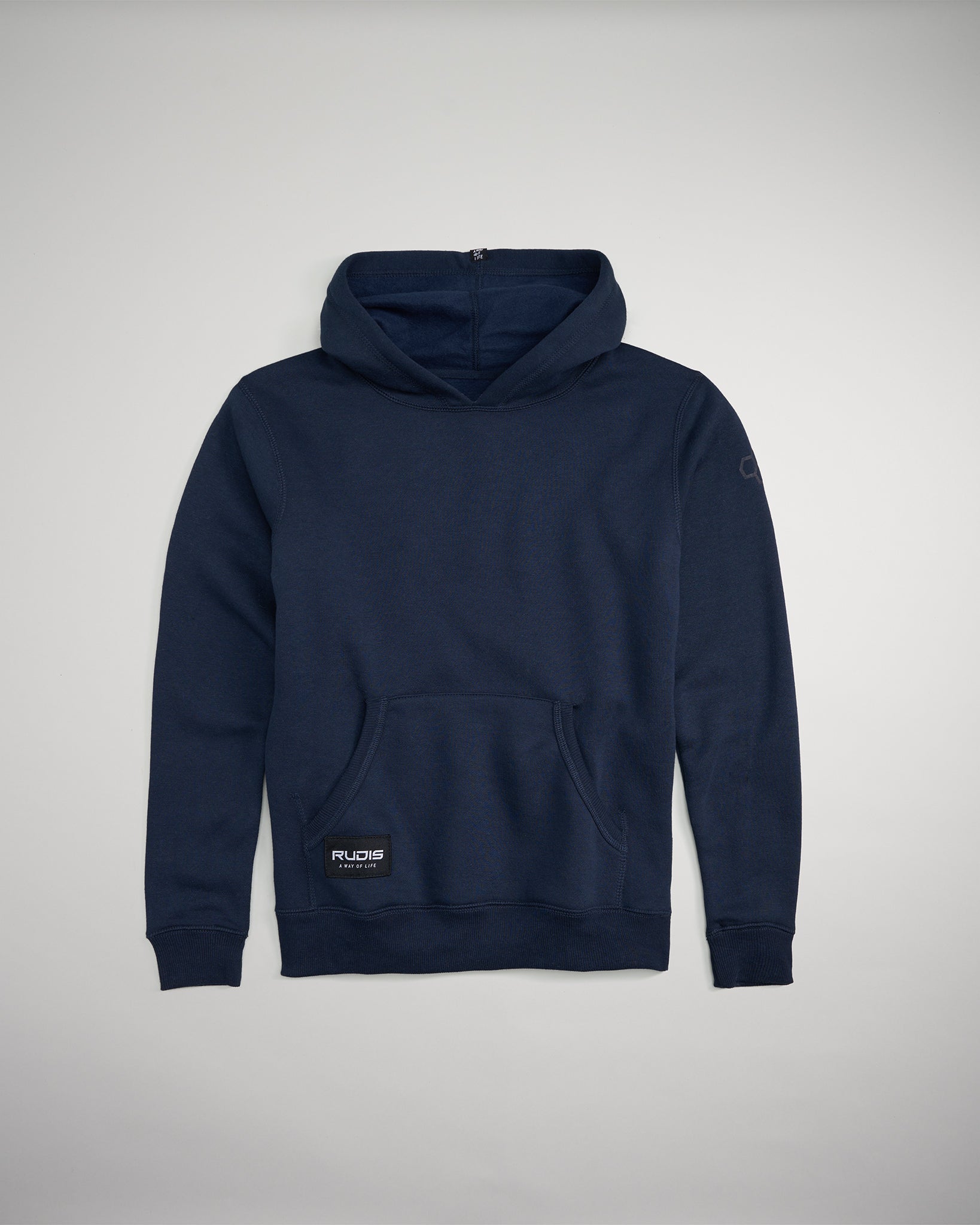 A navy blue hooded sweatshirt featuring a front pocket and a branded label at the hem