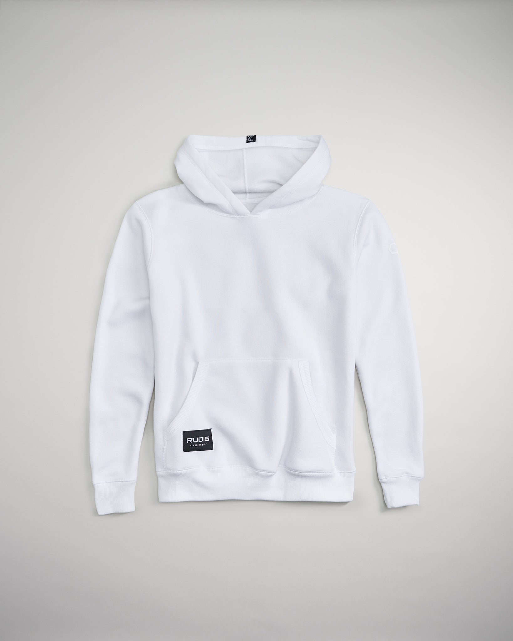 A stylish white hoodie featuring a front pocket and a distinctive logo at the hem perfect for casual wear and comfort