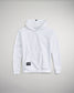 A stylish white hoodie featuring a front pocket and a distinctive logo at the hem perfect for casual wear and comfort