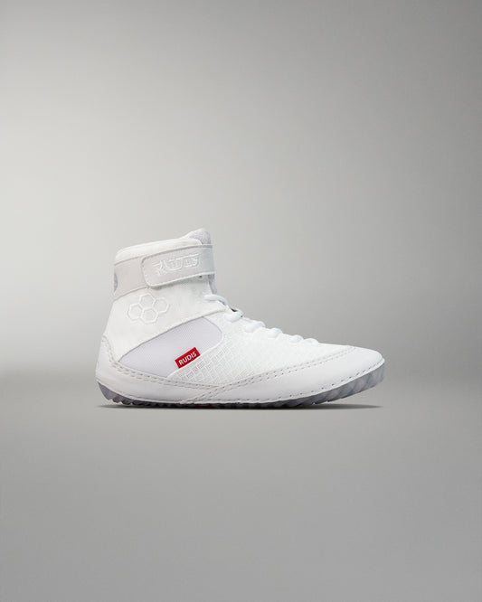 White high-top athletic shoe designed for wrestling with a textured upper, padded collar, and specialized grip on the rubber sole, against a neutral gray background.