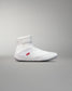 White high-top athletic shoe designed for wrestling with a textured upper, padded collar, and specialized grip on the rubber sole, against a neutral gray background.