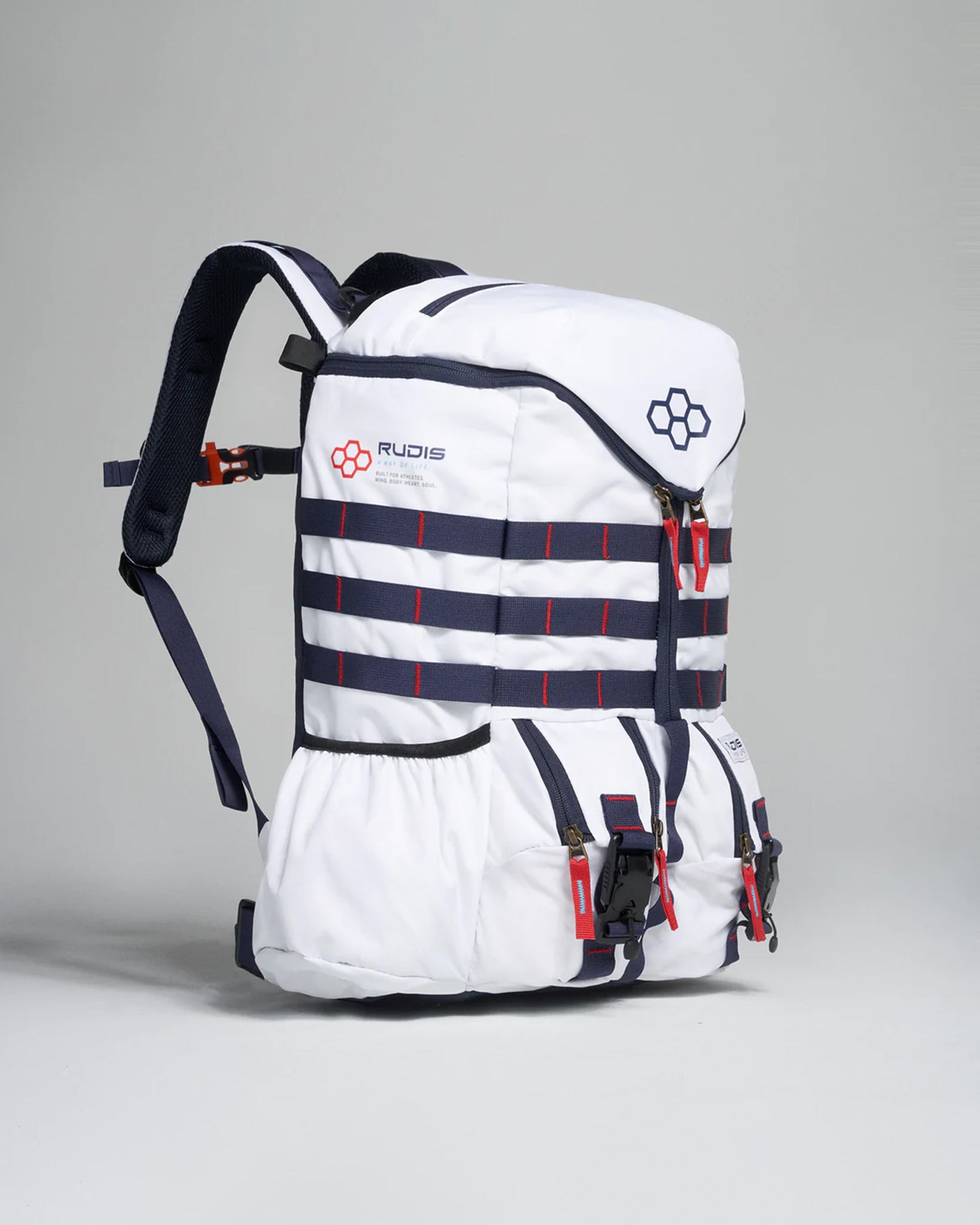 A sleek white backpack with navy stripes and red accents designed for performance and utility perfect for athletes or outdoor enthusiasts