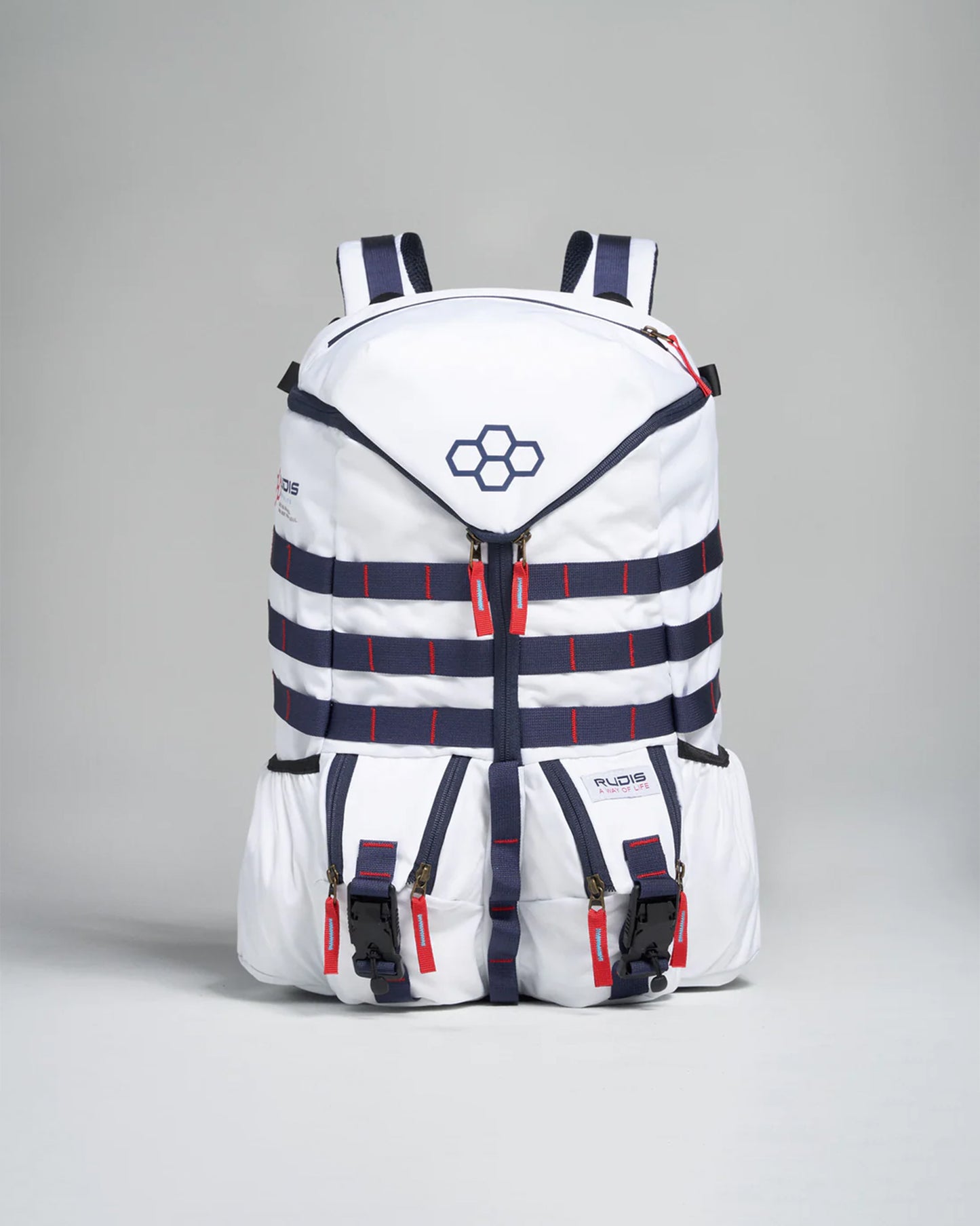 This stylish white backpack with navy blue and red accents features a modern design adjustable straps and multiple compartments for functional use