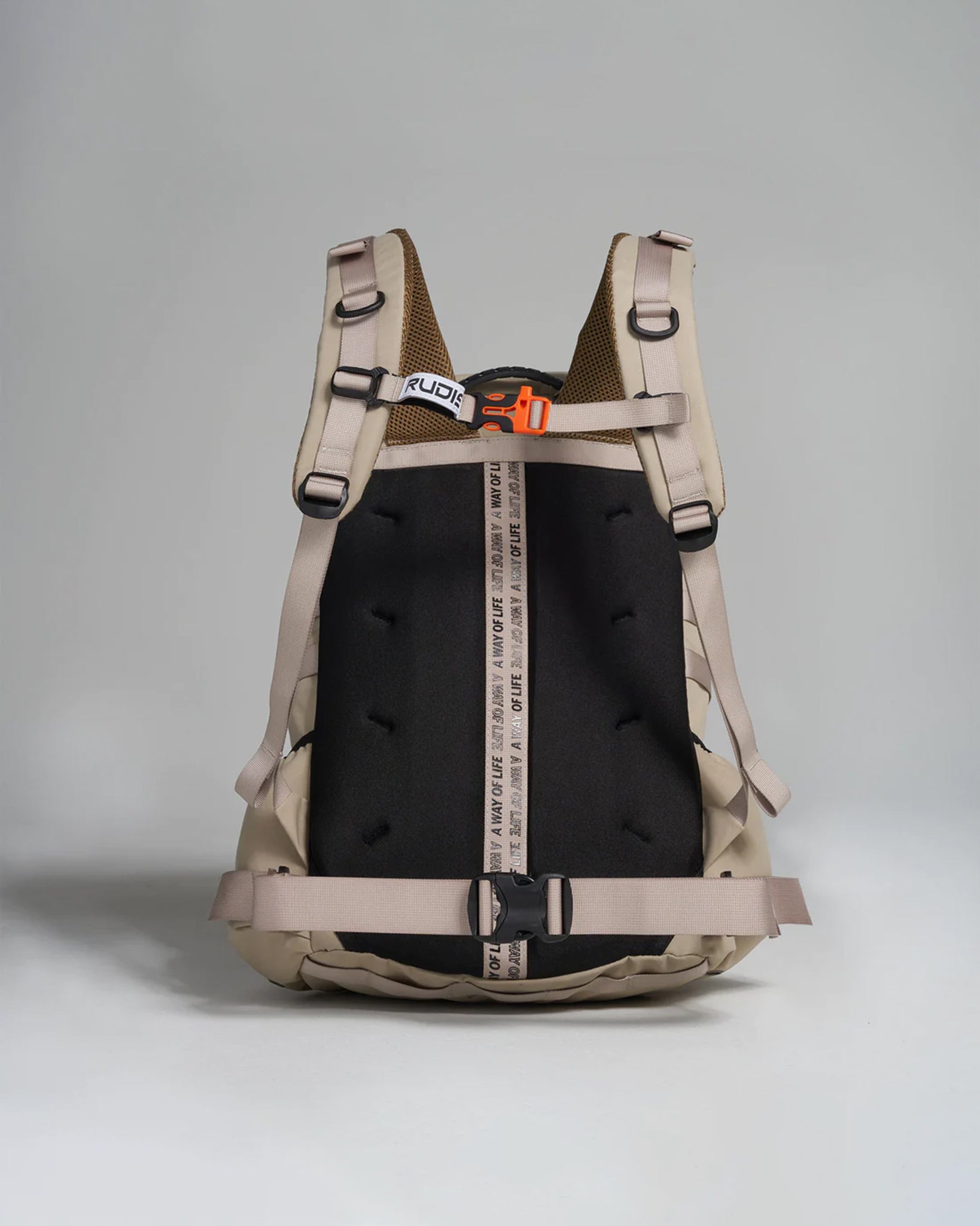 A modern stylish backpack featuring a black main compartment with beige accents and adjustable straps for comfort and functionality