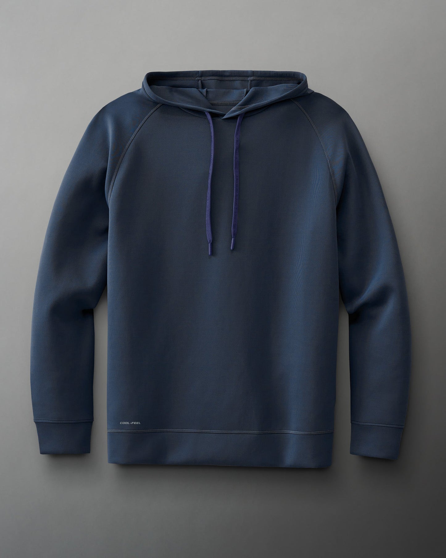 A dark blue hooded sweatshirt with adjustable drawstrings and a smooth texture, designed in a minimalist style against a neutral gray background.