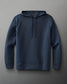 A dark blue hooded sweatshirt with adjustable drawstrings and a smooth texture, designed in a minimalist style against a neutral gray background.