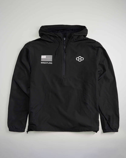 A sleek black pullover jacket designed for wrestling featuring a front zipper hood and logos including the American flag and a wrestling emblem